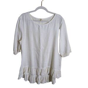 Dylan White 100% Linen Bohemian High Low Lace Trim Top Size L
